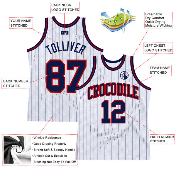 Custom White Navy Pinstripe Navy-Red Authentic Basketball Jersey