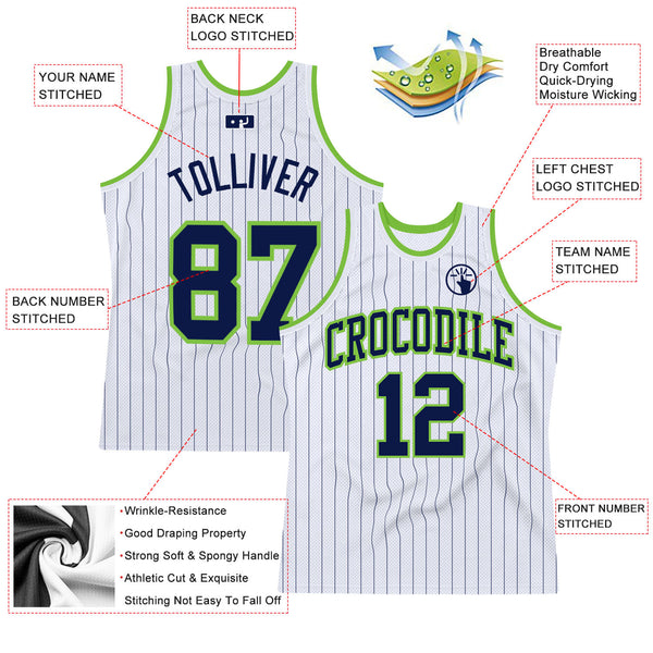 Custom White Navy Pinstripe Navy-Neon Green Authentic Basketball Jersey