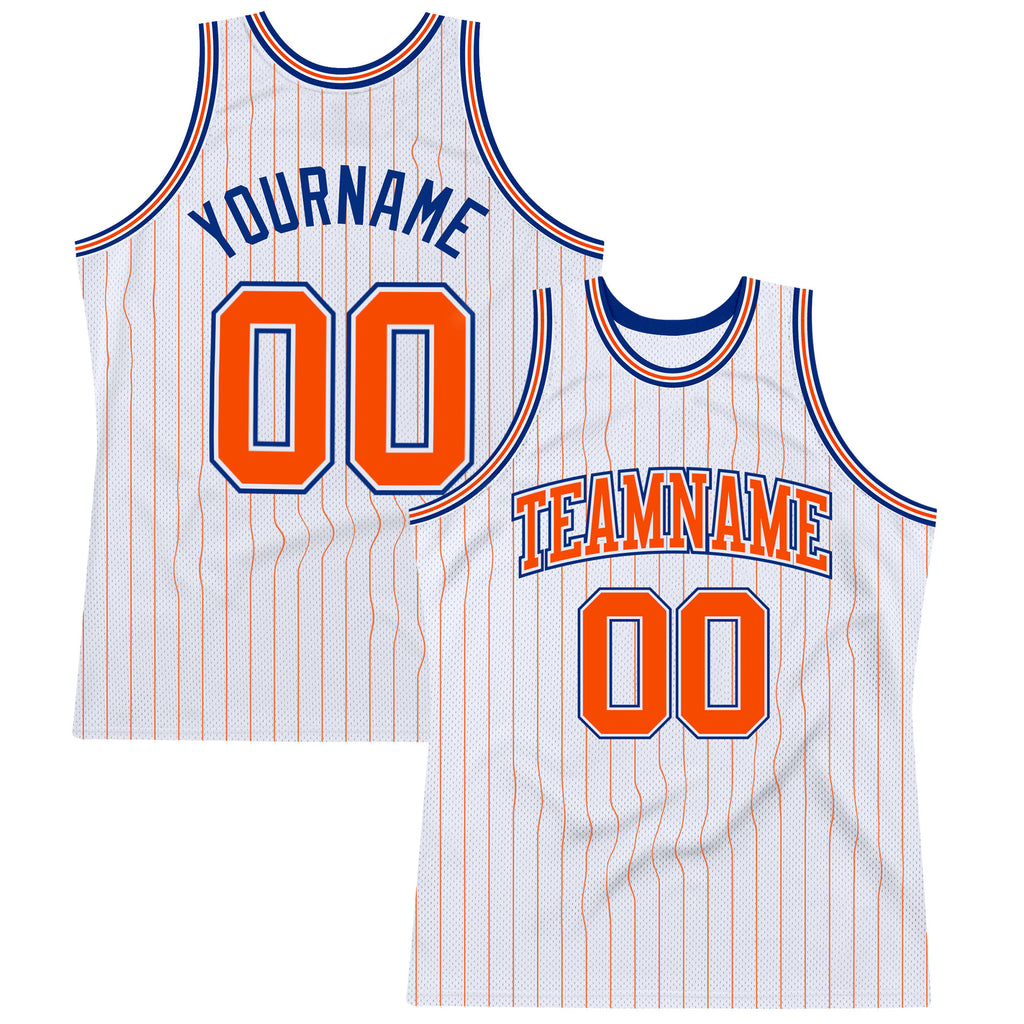 Custom White Orange Pinstripe Orange-Royal Authentic Basketball Jersey