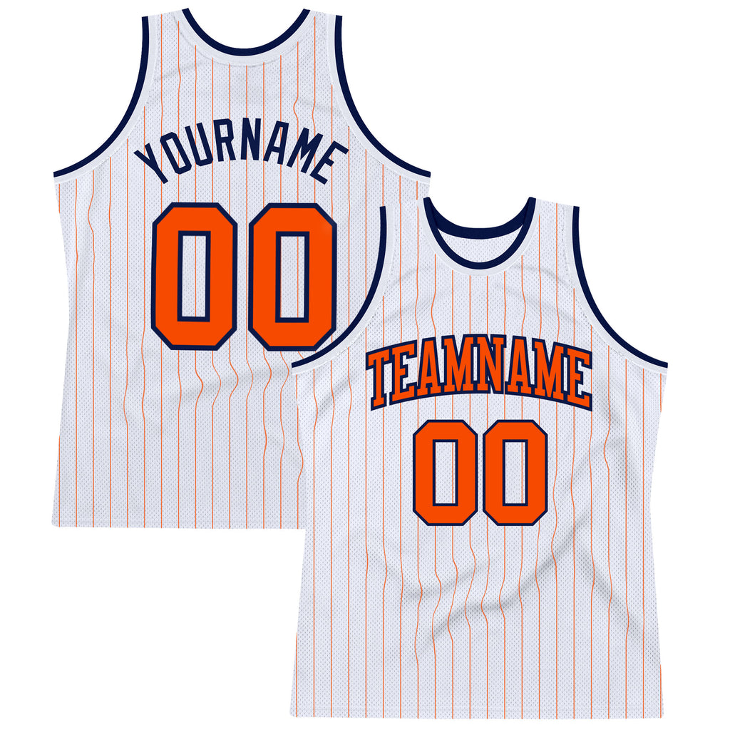 Custom White Orange Pinstripe Orange-Navy Authentic Basketball Jersey