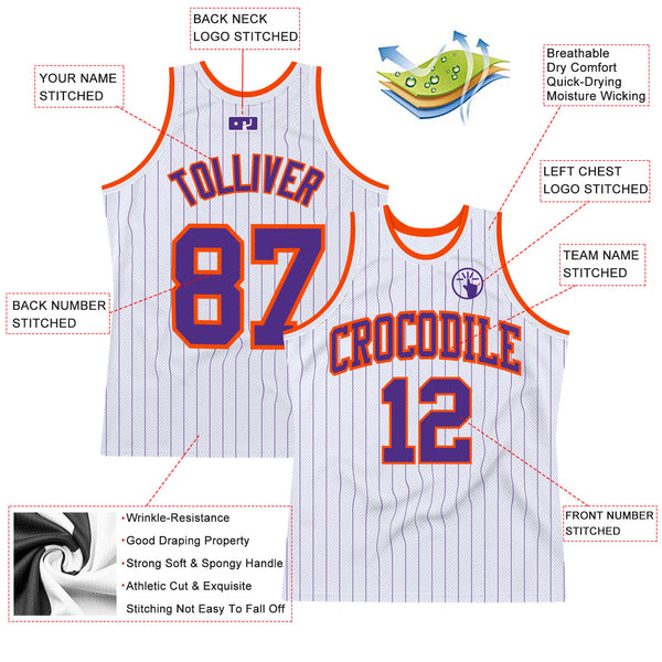 Custom White Purple Pinstripe Purple-Orange Authentic Basketball Jersey