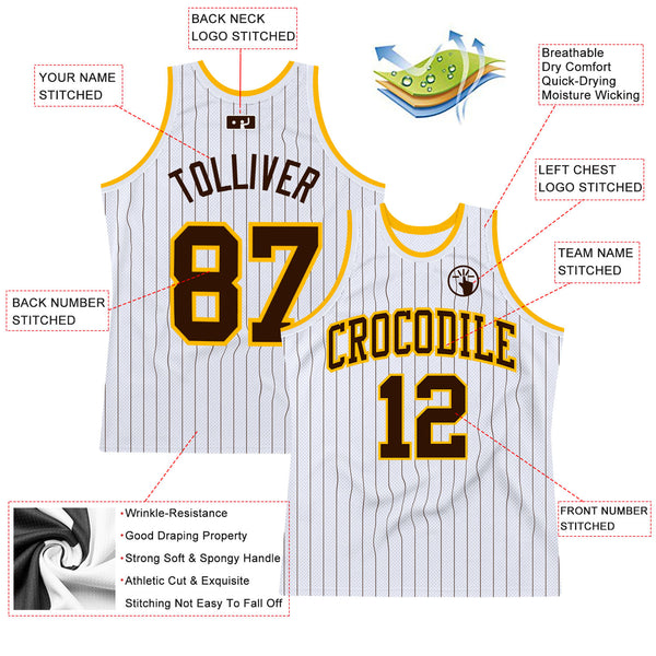 Custom White Brown Pinstripe Brown-Gold Authentic Basketball Jersey