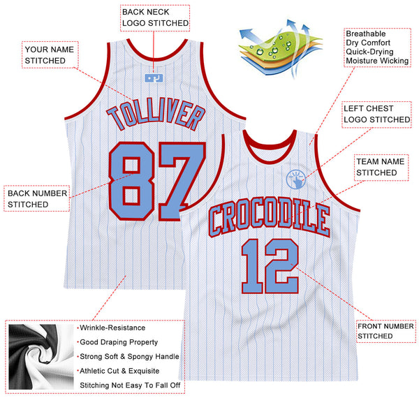 Custom White Light Blue Pinstripe Light Blue-Red Authentic Basketball Jersey