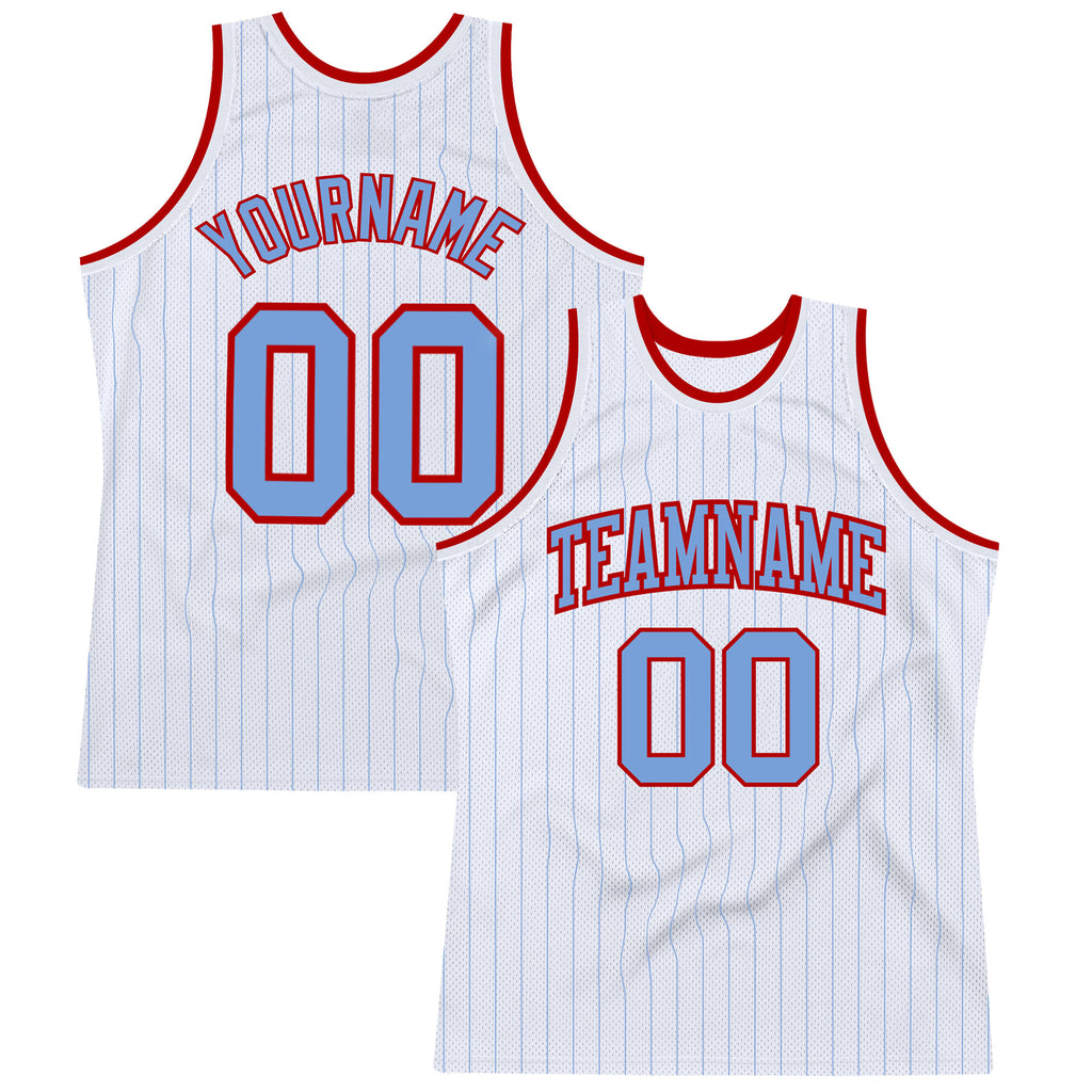 Custom White Light Blue Pinstripe Light Blue-Red Authentic Basketball Jersey