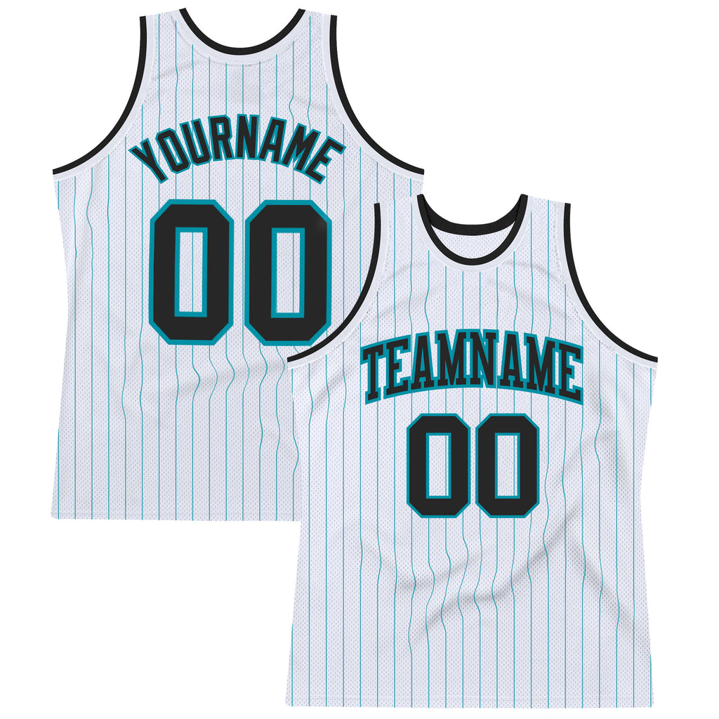 Custom White Teal Pinstripe Black Authentic Basketball Jersey