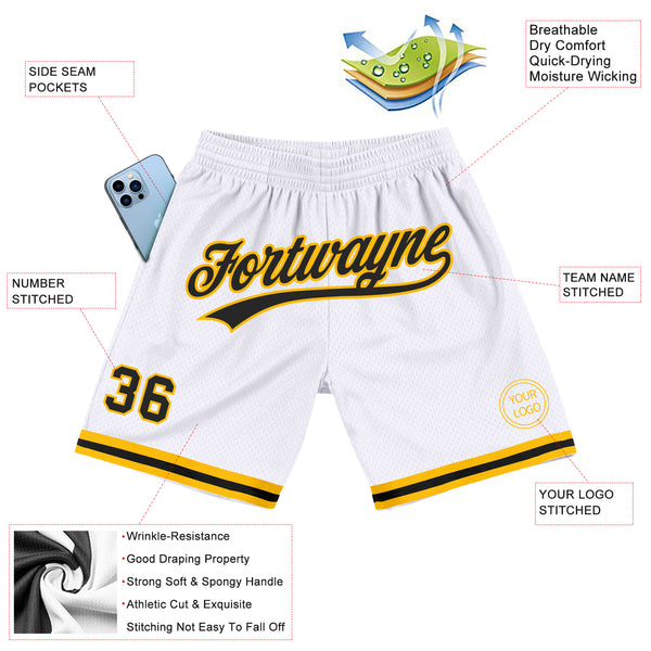 Custom White Black-Gold Authentic Throwback Basketball Shorts