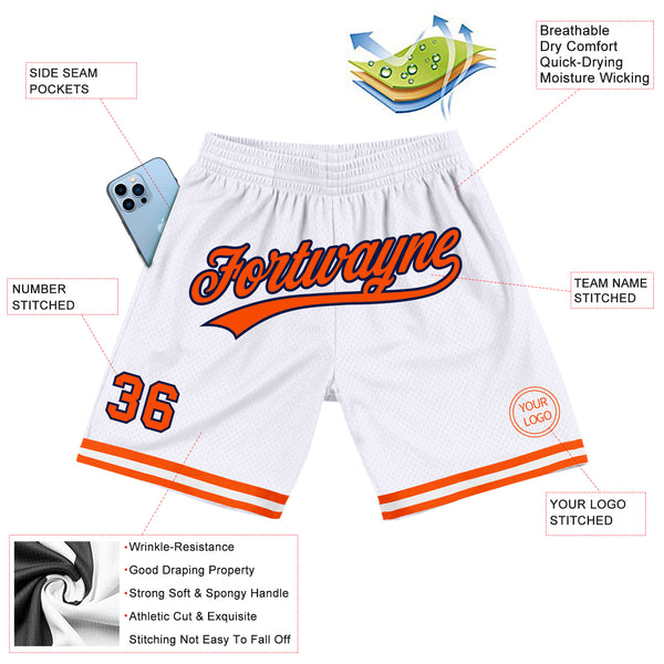 Custom White Orange-Navy Authentic Throwback Basketball Shorts