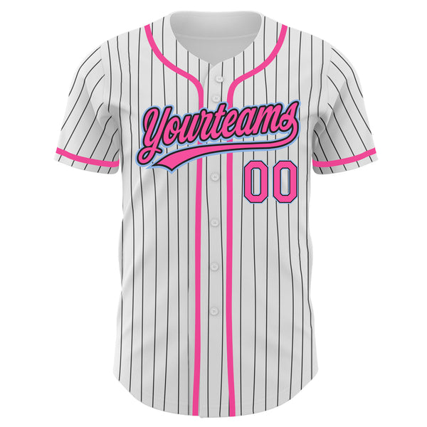 Custom White Black Pinstripe Pink-Light Blue Authentic Baseball Jersey