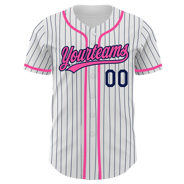 Custom White Navy Pinstripe Pink Authentic Baseball Jersey