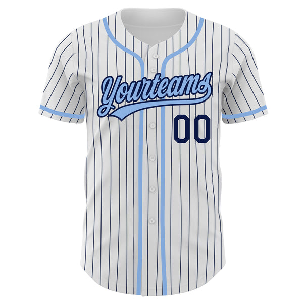 Custom White Navy Pinstripe Light Blue Authentic Baseball Jersey