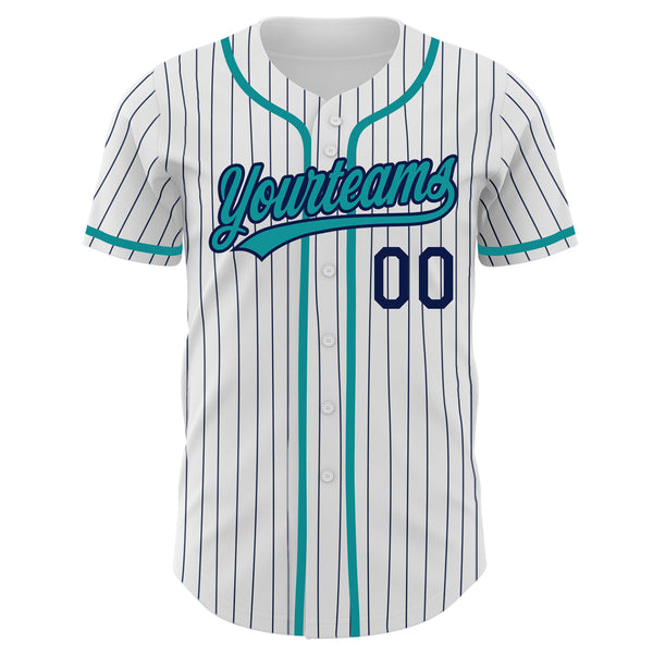 Custom White Navy Pinstripe Teal Authentic Baseball Jersey