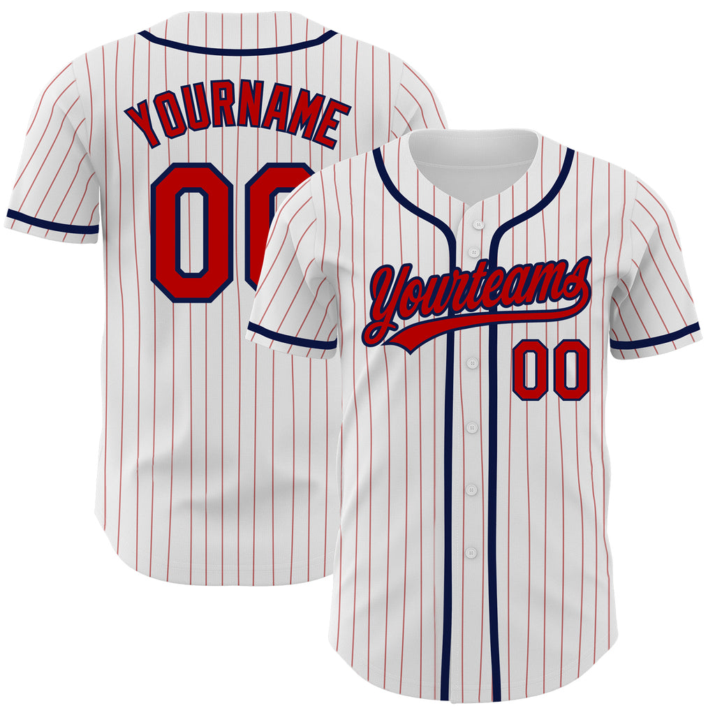 Custom White Red Pinstripe Red-Navy Authentic Baseball Jersey