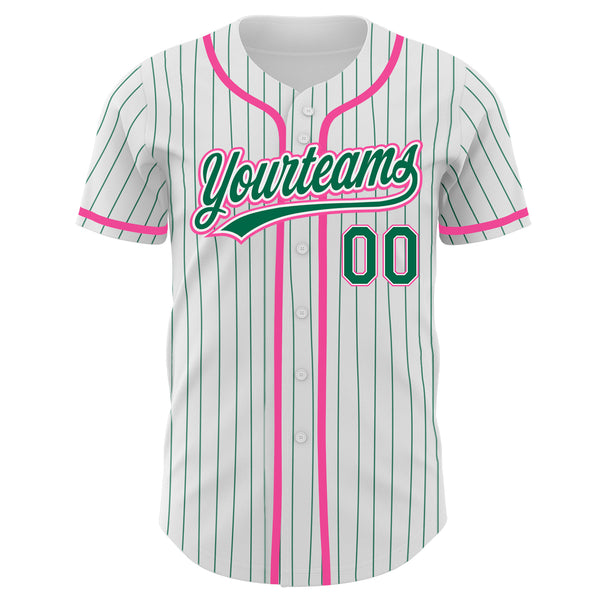 Custom White Kelly Green Pinstripe Kelly Green-Pink Authentic Baseball Jersey
