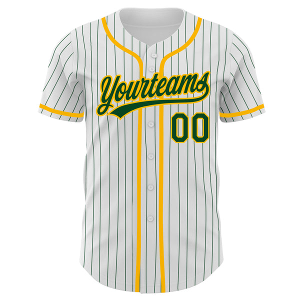 Custom White Green Pinstripe Green-Gold Authentic Baseball Jersey