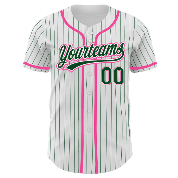 Custom White Green Pinstripe Green-Pink Authentic Baseball Jersey