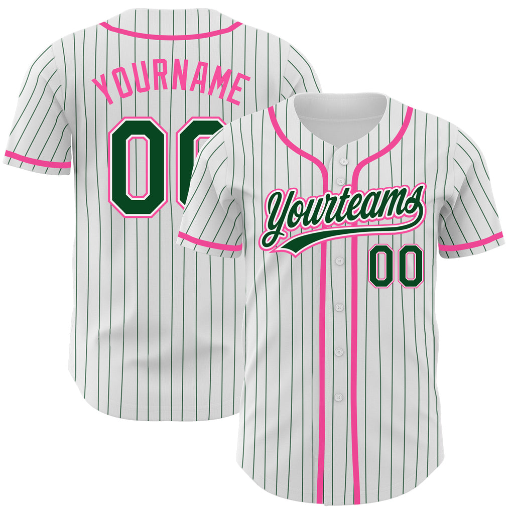 Custom White Green Pinstripe Green-Pink Authentic Baseball Jersey