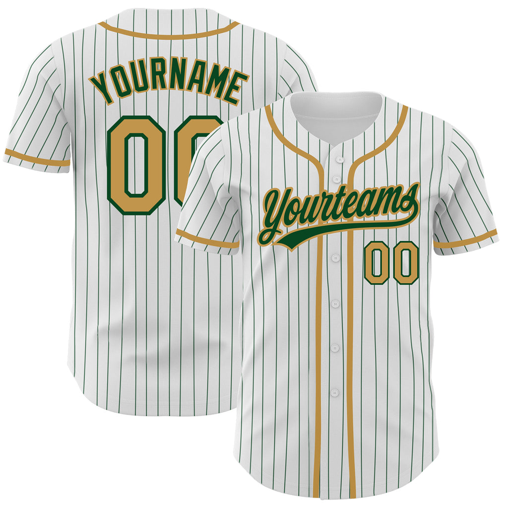 Custom White Green Pinstripe Old Gold Authentic Baseball Jersey