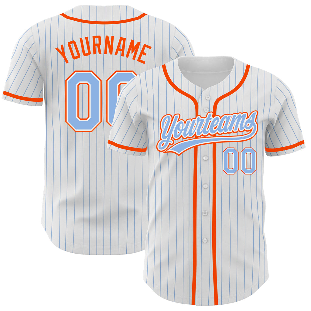 Custom White Light Blue Pinstripe Light Blue-Orange Authentic Baseball Jersey