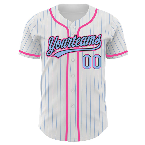 Custom White Light Blue Pinstripe Light Blue Black-Pink Authentic Baseball Jersey