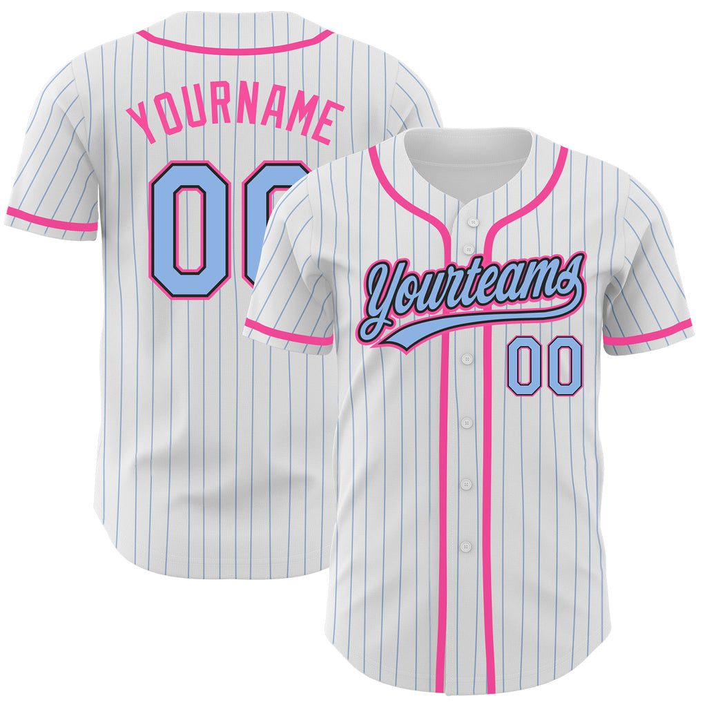 Custom White Light Blue Pinstripe Light Blue Black-Pink Authentic Baseball Jersey