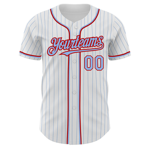 Custom White Light Blue Pinstripe Red Authentic Baseball Jersey