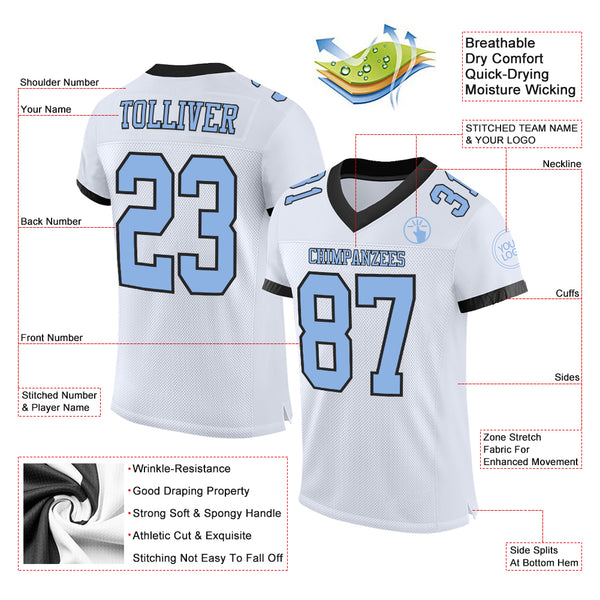 Custom White Light Blue-Black Mesh Authentic Football Jersey