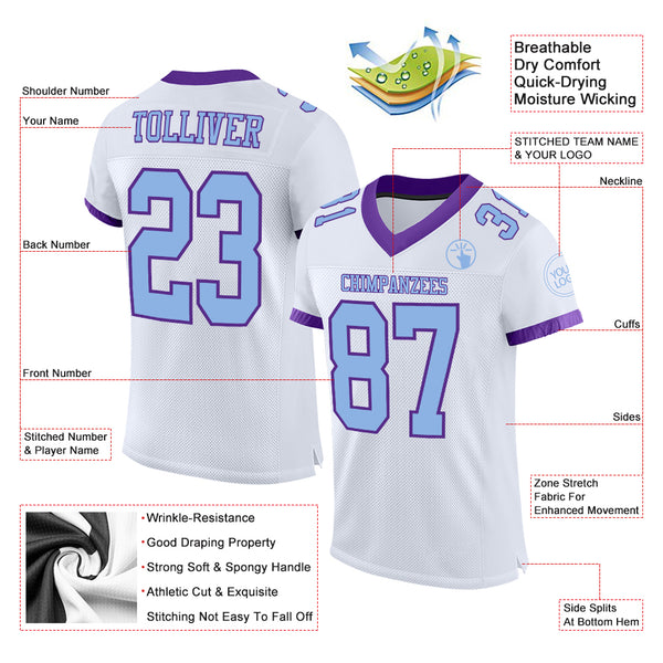 Custom White Light Blue-Purple Mesh Authentic Football Jersey