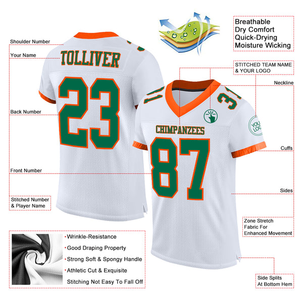 Custom White Kelly Green-Orange Mesh Authentic Football Jersey