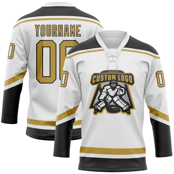 Custom White Old Gold-Black Hockey Lace Neck Jersey