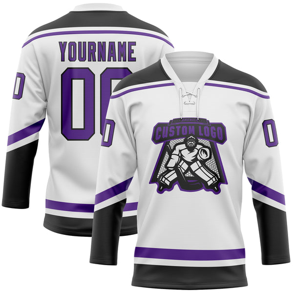 Custom White Purple-Black Hockey Lace Neck Jersey