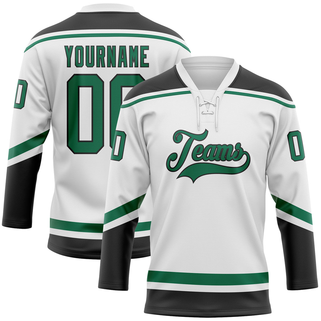 Custom White Kelly Green-Black Hockey Lace Neck Jersey