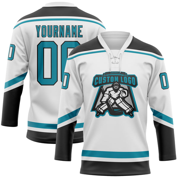 Custom White Teal-Black Hockey Lace Neck Jersey