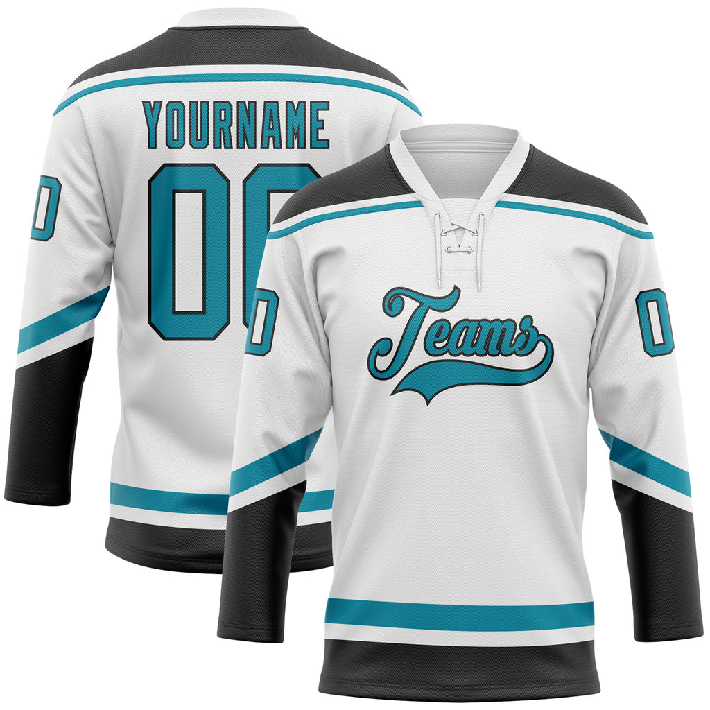 Custom White Teal-Black Hockey Lace Neck Jersey