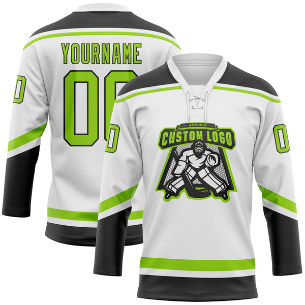 Custom White Neon Green-Black Hockey Lace Neck Jersey