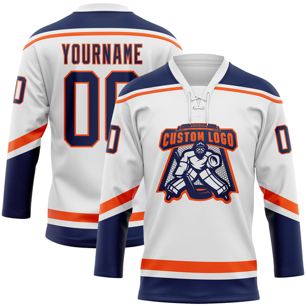 Custom White Navy-Orange Hockey Lace Neck Jersey