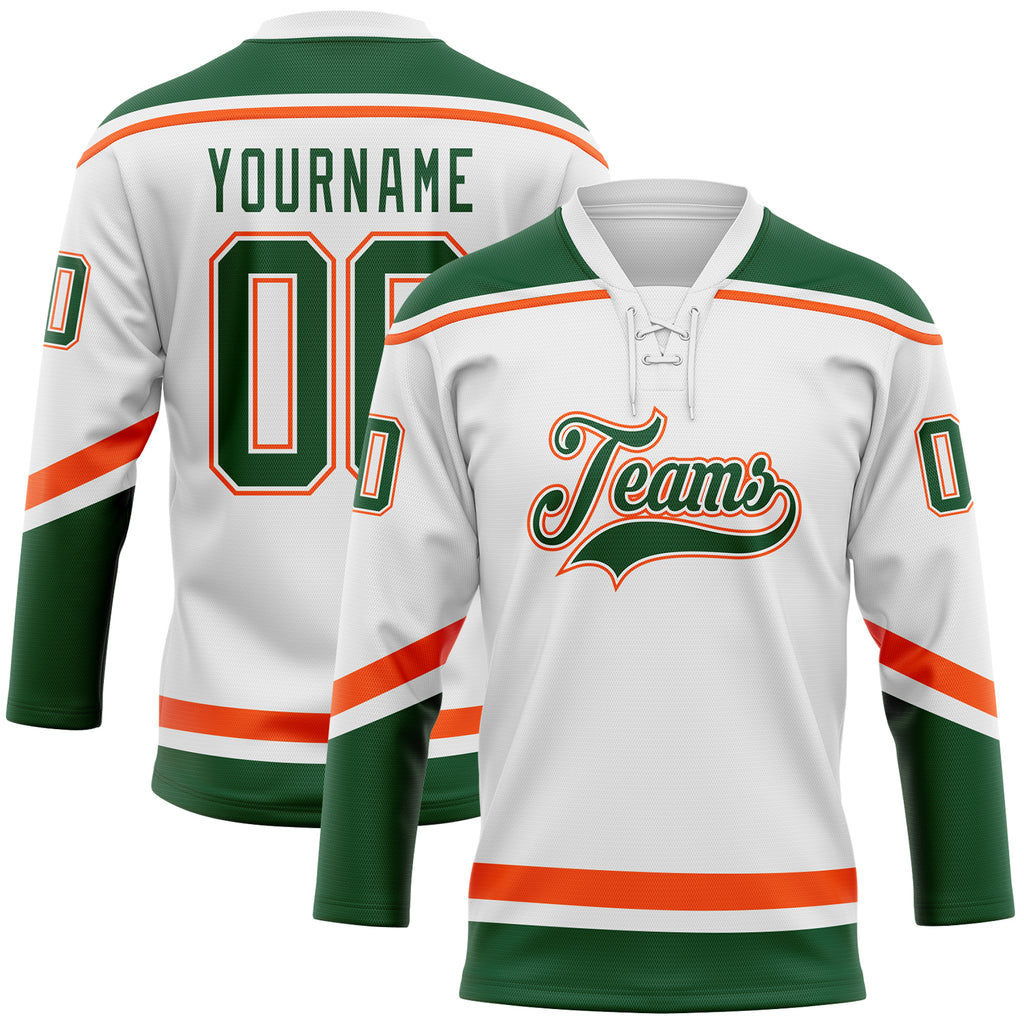 Custom White Green-Orange Hockey Lace Neck Jersey