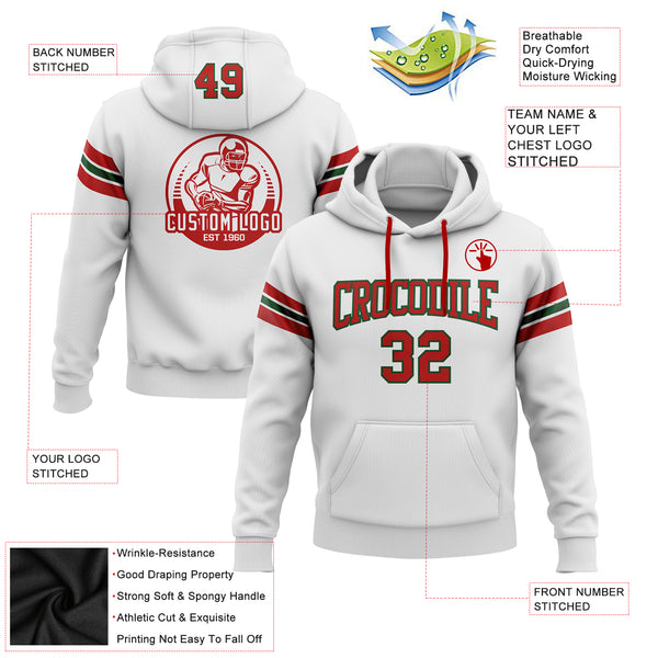 Custom Stitched White Red-Green Football Pullover Sweatshirt Hoodie