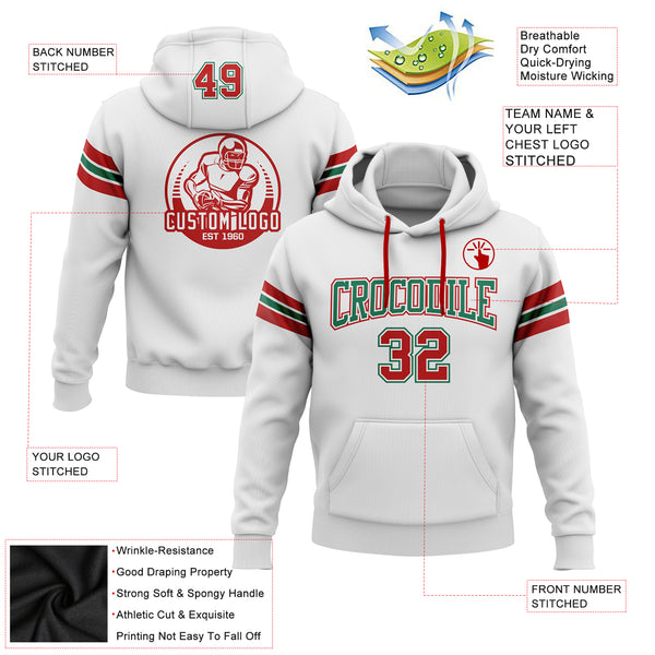 Custom Stitched White Red-Kelly Green Football Pullover Sweatshirt Hoodie