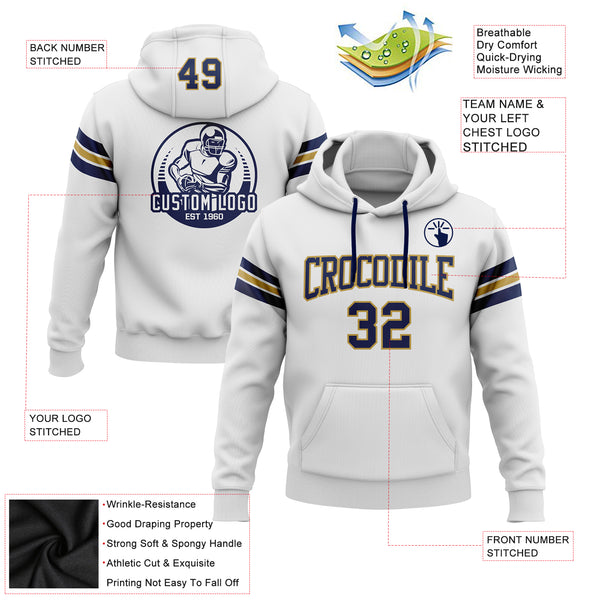 Custom Stitched White Navy-Old Gold Football Pullover Sweatshirt Hoodie