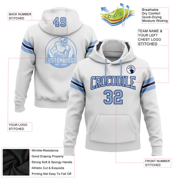 Custom Stitched White Light Blue-Navy Football Pullover Sweatshirt Hoodie