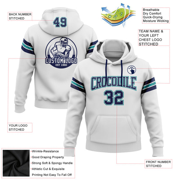 Custom Stitched White Navy Gray-Teal Football Pullover Sweatshirt Hoodie