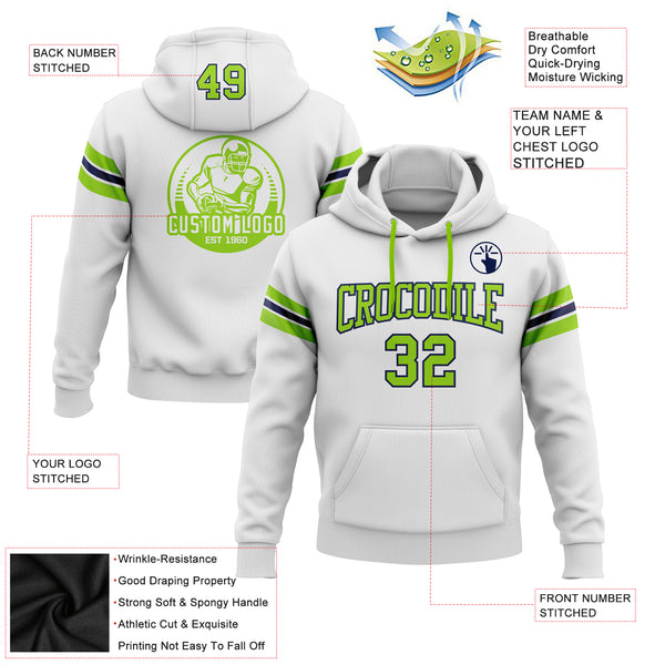 Custom Stitched White Neon Green-Navy Football Pullover Sweatshirt Hoodie