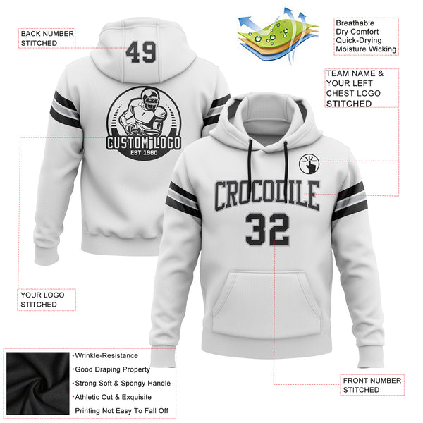 Custom Stitched White Black-Gray Football Pullover Sweatshirt Hoodie