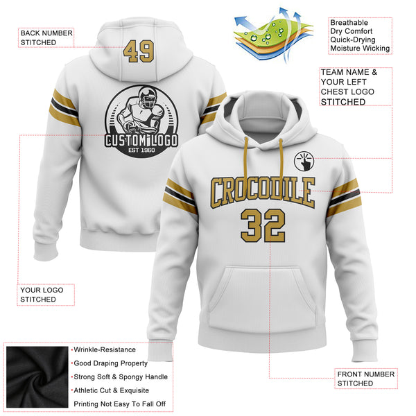 Custom Stitched White Old Gold-Black Football Pullover Sweatshirt Hoodie
