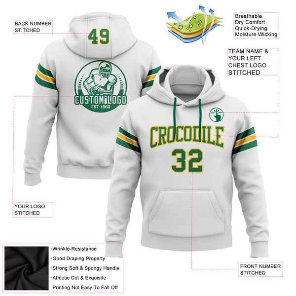 Custom Stitched White Kelly Green-Gold Football Pullover Sweatshirt Hoodie