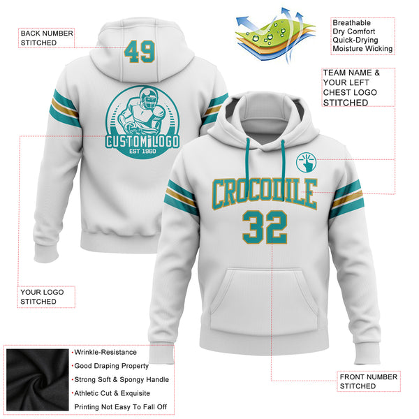 Custom Stitched White Teal-Old Gold Football Pullover Sweatshirt Hoodie