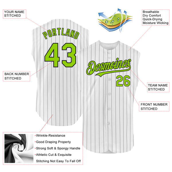 Custom White Black Pinstripe Neon Green Authentic Sleeveless Baseball Jersey