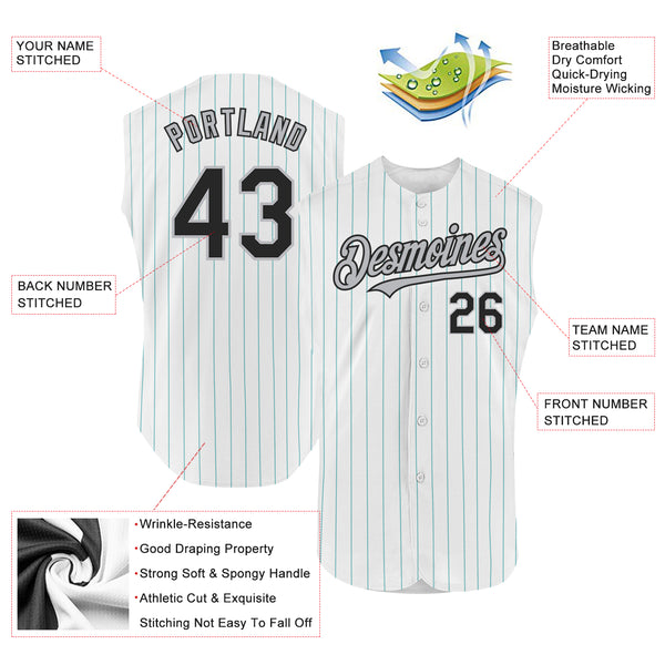 Custom White Teal Pinstripe Black Authentic Sleeveless Baseball Jersey