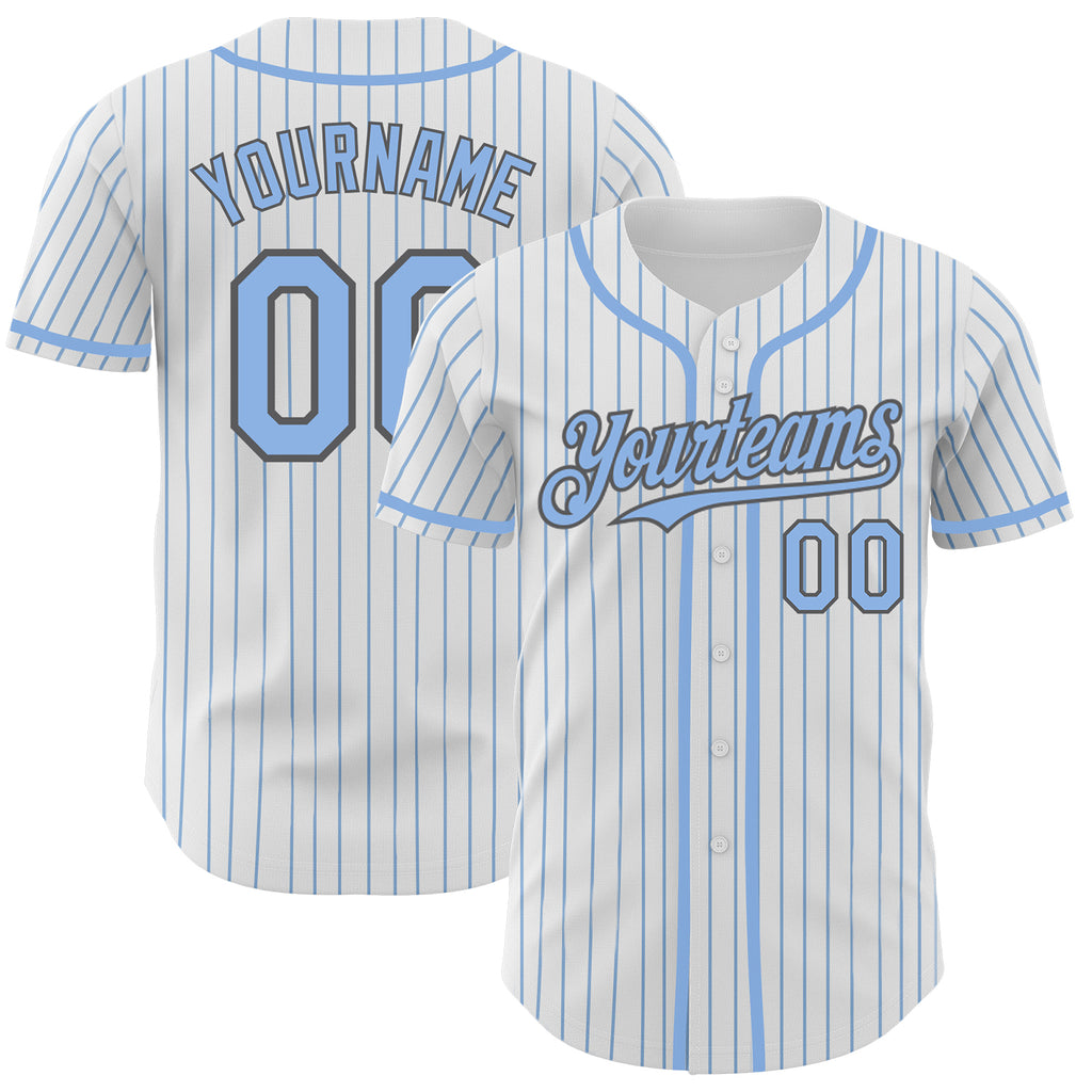 Custom White Light Blue Pinstripe Steel Gray Authentic Baseball Jersey