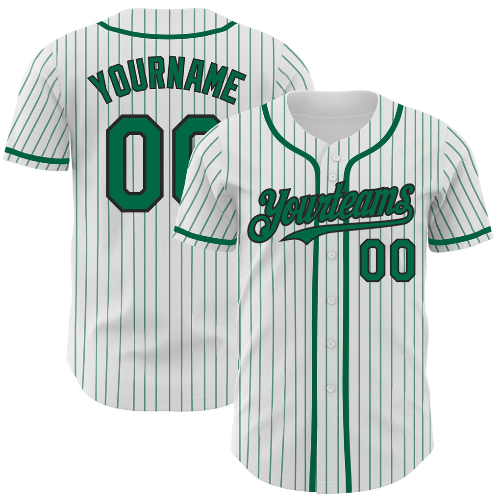 Custom White Kelly Green Pinstripe Black Authentic Baseball Jersey